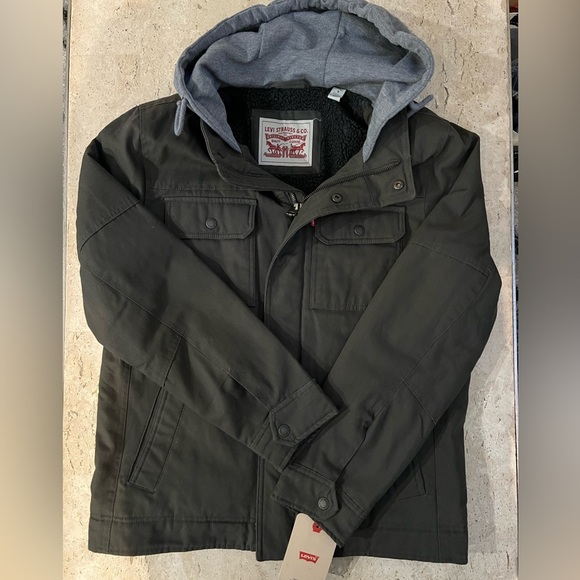 Levi Strauss Brown Sherpa Lined Hooded Trucker Jacket Size Small - Picture 1 of 7
